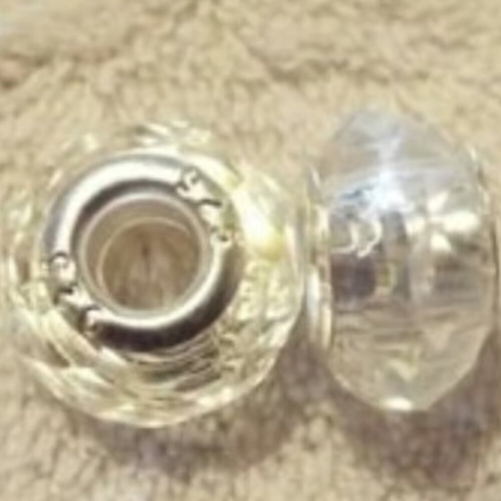 Lot of 2 clear faceted large hole European bracelet beads .925 silver core new